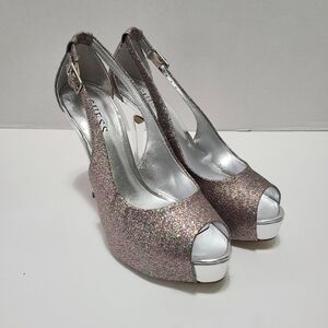 Guess‎ Gold Multi Texture Women's Glitter Peep Toe Heels  NWB Size 6.5